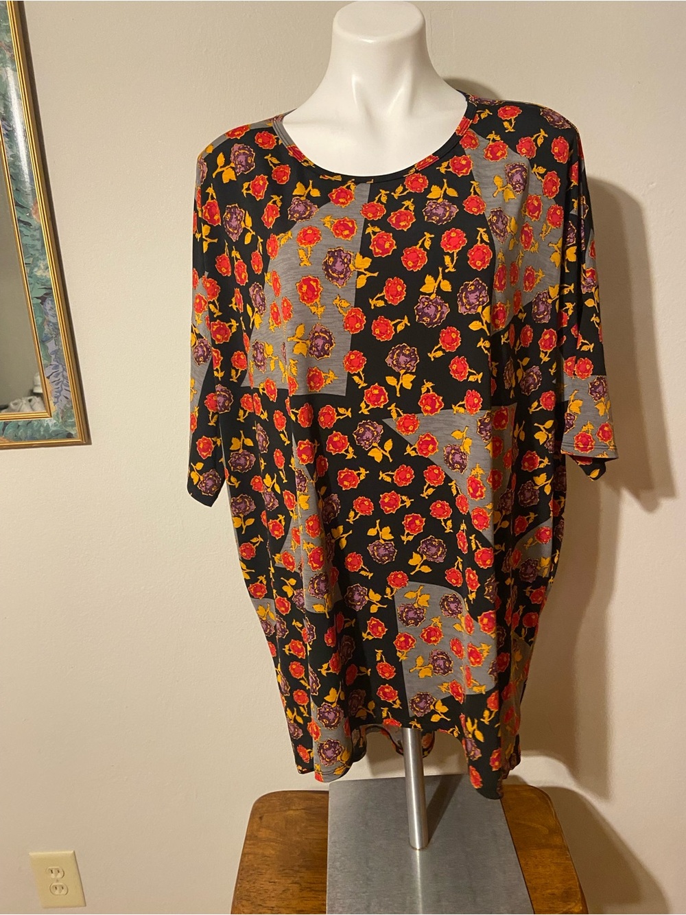 LuLaRoe Irma Black Floral Top with Pink Trim